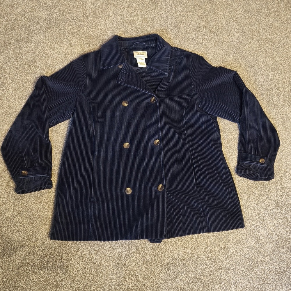 L.L.Bean Corduroy Chore Jacket Womens Large Navy Lined Double Breasted